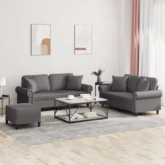 Sofasæt 3-dele i kunstlæder - grå med puder
