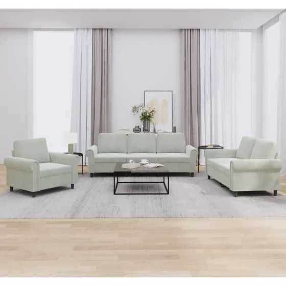 Sofasæt 3 dele i velour - lysegrå med hynder