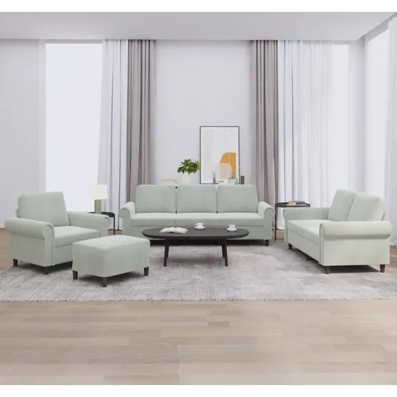 Sofasæt 4 dele i lysegrå velour med hynder