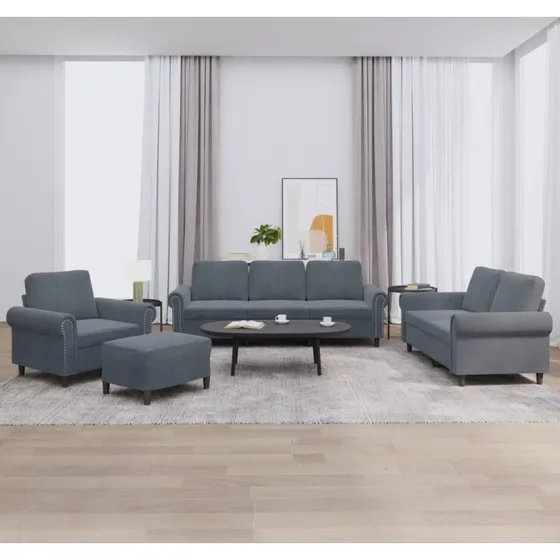 Sofasæt 4 dele i mørkegrå velour med hynder