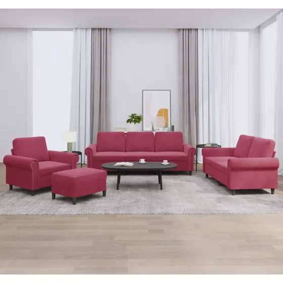 Velour sofasæt 4 dele med hynder – vinrød