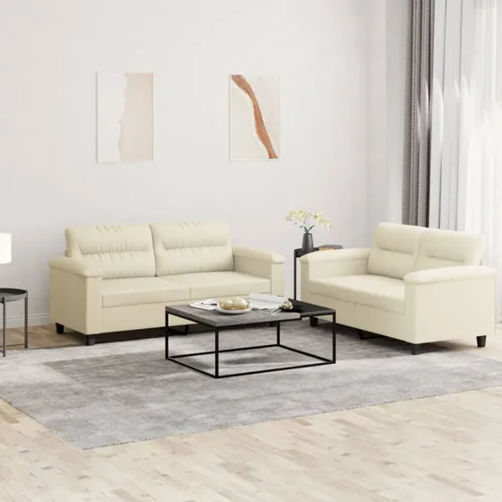 Sofasæt 2 dele i creme kunstlæder med hynder