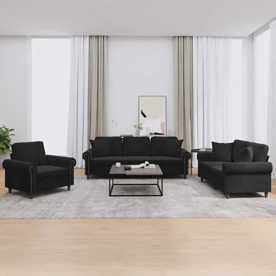 Velour sofasæt 3 dele med puder - sort