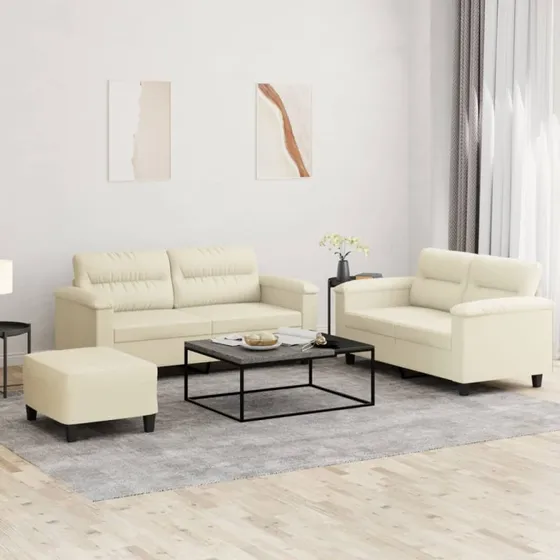 Sofasæt 3 dele i creme kunstlæder med hynder