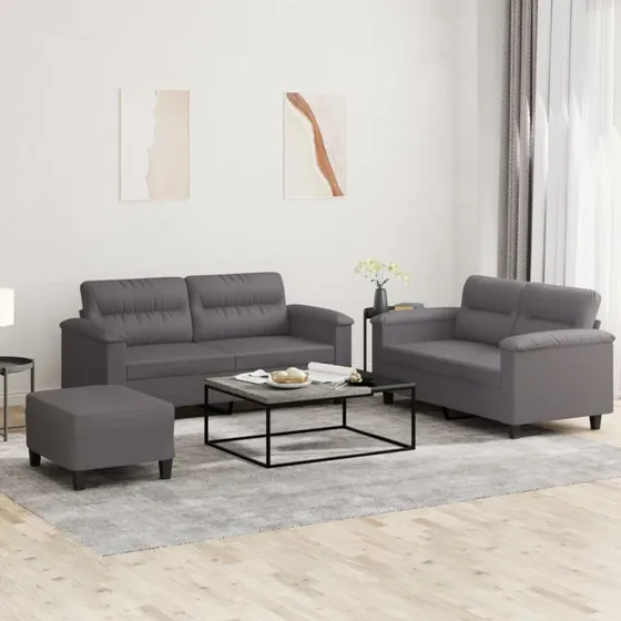 Sofasæt 3 dele i gråt kunstlæder med hynder