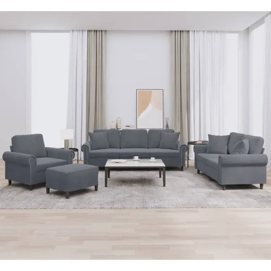 Sofasæt 4 dele i mørkegrå velour med puder