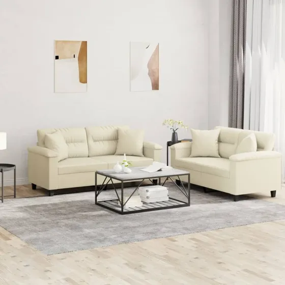 Sofasæt 2 dele i creme kunstlæder med puder