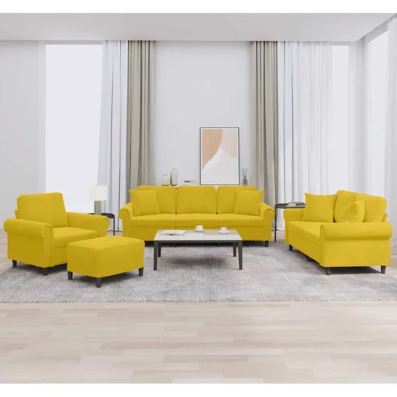 4-dele sofasæt i gul velour med puder