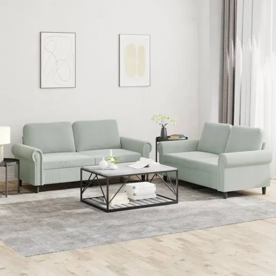 Sofasæt 2 dele lysegrå velour med hynder