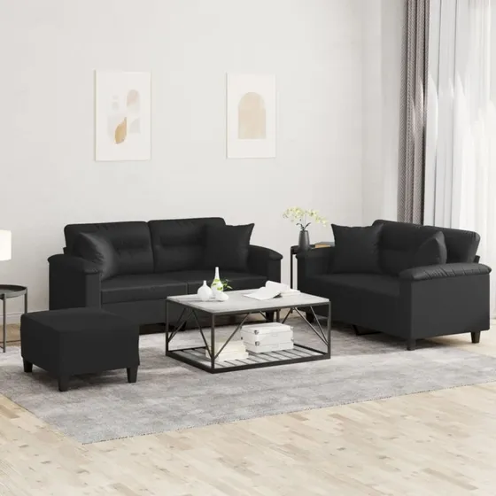 Sofasæt 3 dele i sort kunstlæder med puder