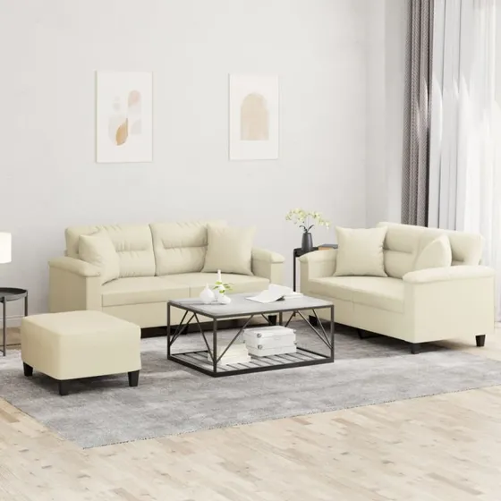Sofasæt 3 dele i creme kunstlæder med puder