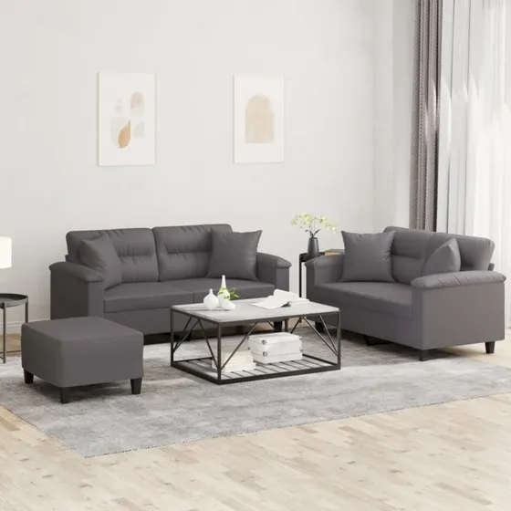 Sofasæt 3 dele i gråt kunstlæder med puder