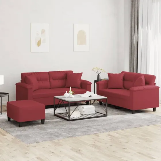Sofasæt 3-dele i vinrød kunstlæder med puder