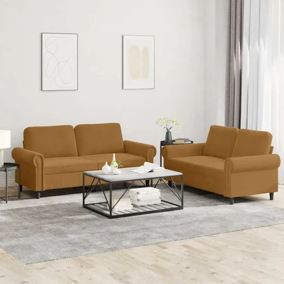 Sofasæt 2 dele i brun velour med hynder