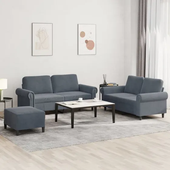 Sofasæt 3 dele i velour mørkegrå med hynder