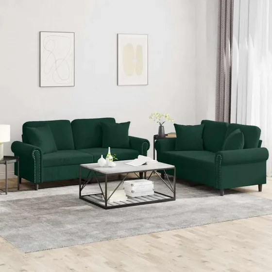 Sofasæt 2-dele i mørkegrøn velour med puder