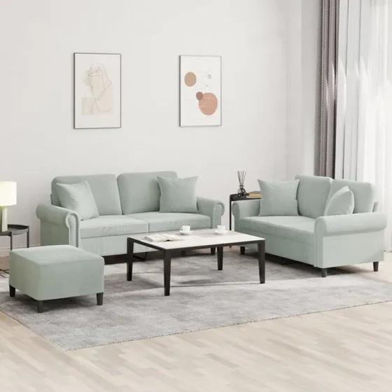 Sofasæt 3 dele i lysegrå velour med puder