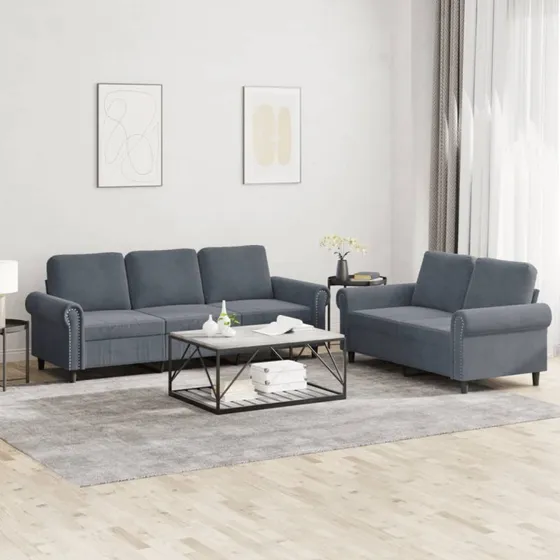 Sofasæt 2 dele i mørkegrå velour med hynder