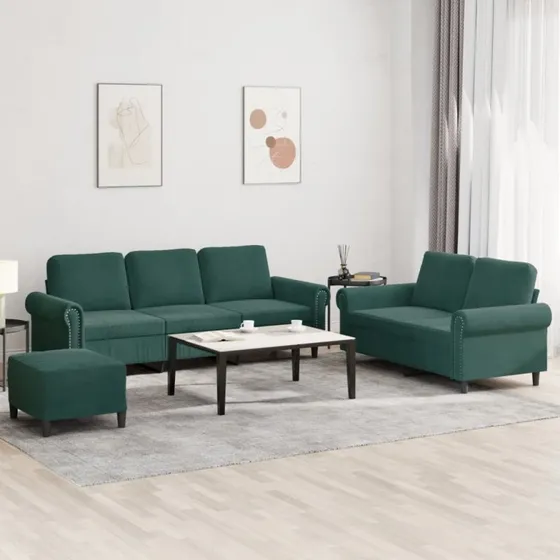 3-dele velour sofasæt med hynder, mørkegrøn