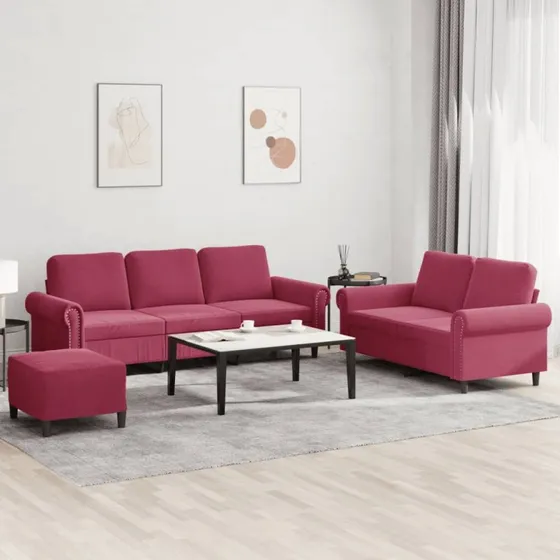 Velour sofasæt 2-dele med hynder — vinrød