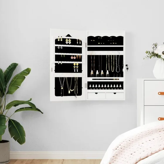 Vghngt smykkeskab med spejl 37,5x10x67 cm - hvid