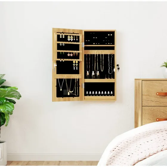 Væghængt spejlskab med LED-lys – smykkeskab i konstrueret træ