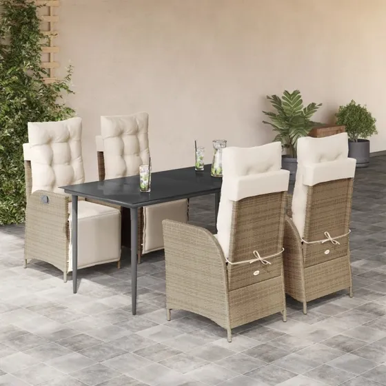Spisebordssæt til haven 5 dele i polyrattan - beige