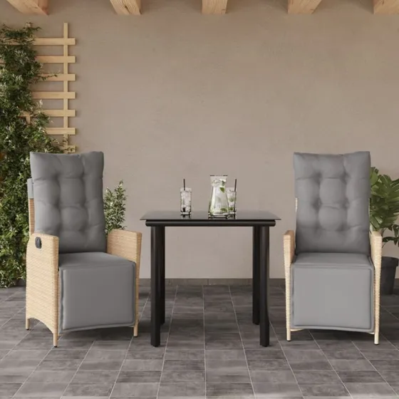 Havemøbelsæt polyrattan 3 dele med hynder - beige