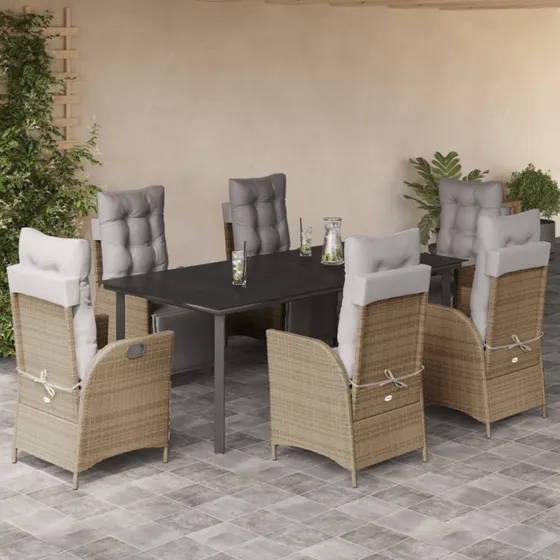 Havemøbelsæt 7 dele i polyrattan med hynder - beige