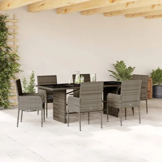 Havesæt 7 dele i polyrattan med hynder, grå