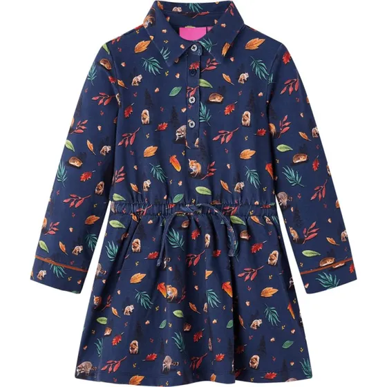 Langrmet pige kjole med bladprint, str. 116  marinebl