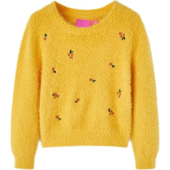 Strikket børnesweater str. 104 i okkergul med blomster