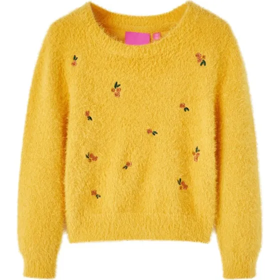 Strikket børnesweater 116 - okkergul med blomster