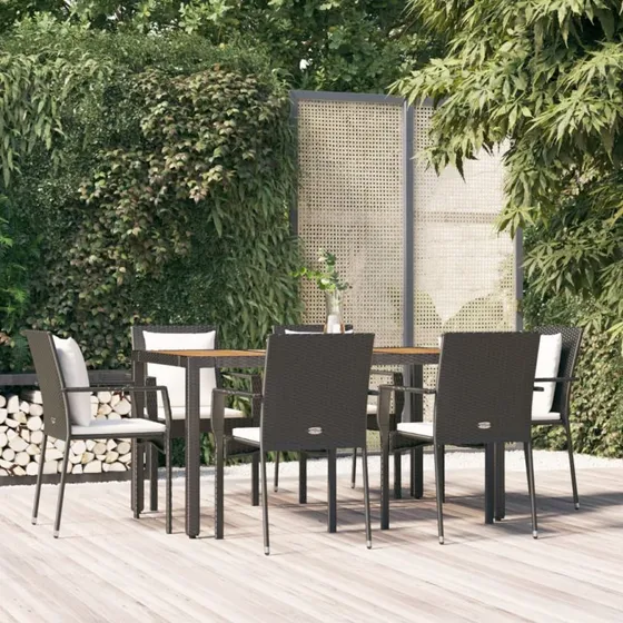 Spisebordssæt i polyrattan 7 dele med hynder, sort