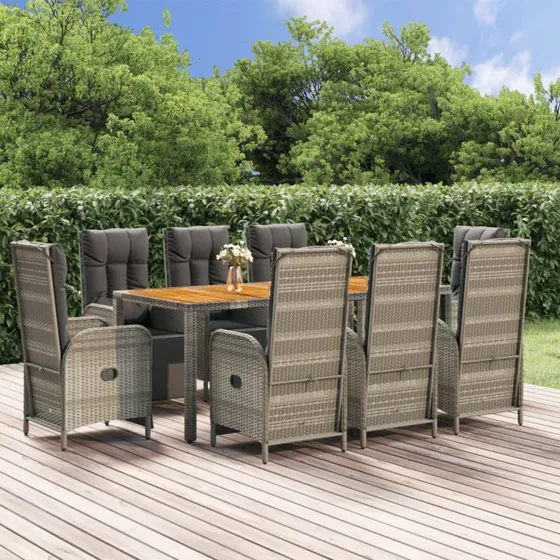 Spisebordssæt i polyrattan 9 dele med hynder, grå