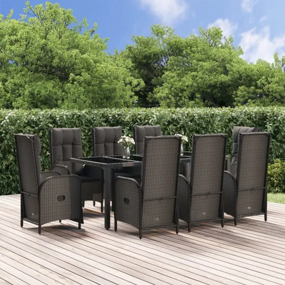 Havesæt 9 dele i sort polyrattan med hynder