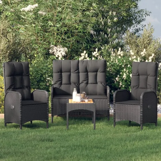 Spisebordssæt i polyrattan 4 dele med hynder - sort