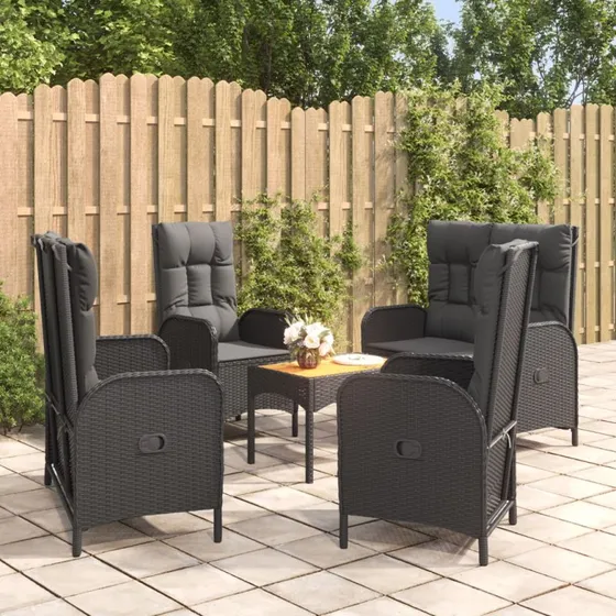 Spisebordssæt til have 5 dele i sort polyrattan med hynder