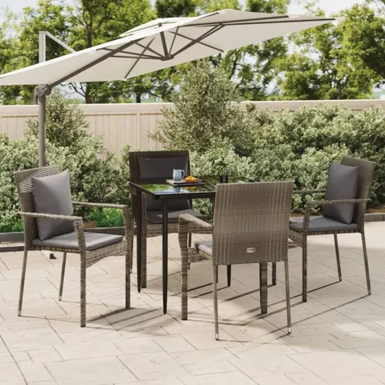 Spisebordssæt polyrattan 5 dele med hynder - sort/grå