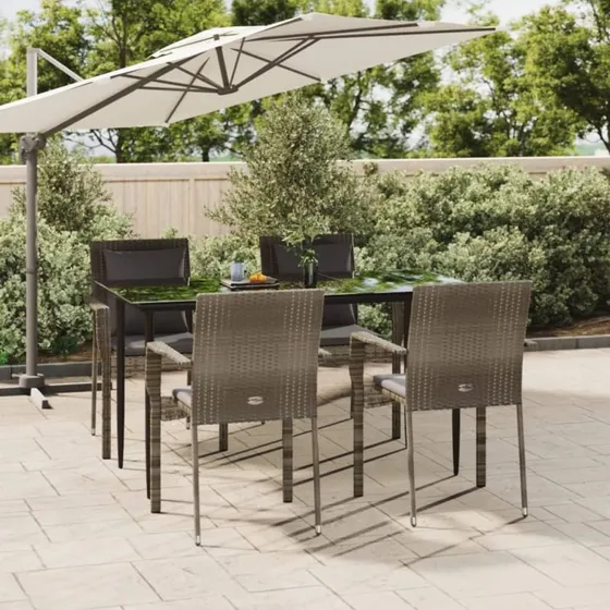 Spisebordssæt 5 dele i polyrattan sort/grå med hynder