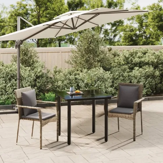 Polyrattan spisebordssæt 3 dele med hynder – sort/grå