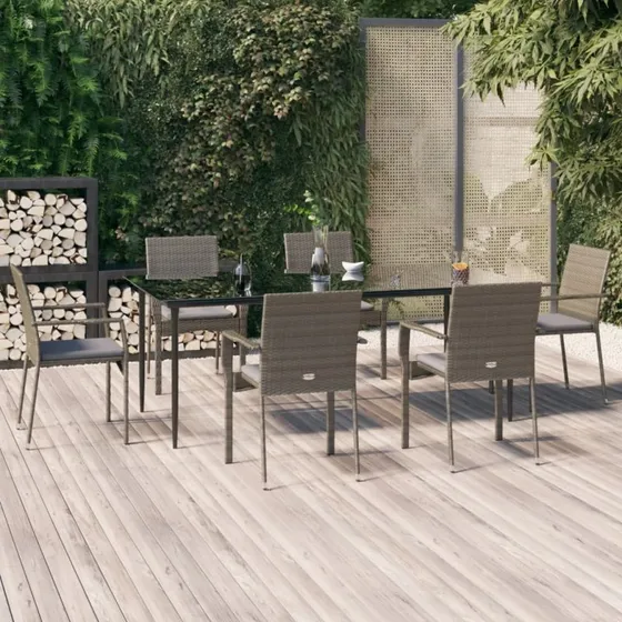 Spisebordssæt i polyrattan 7 dele sort/grå med hynder