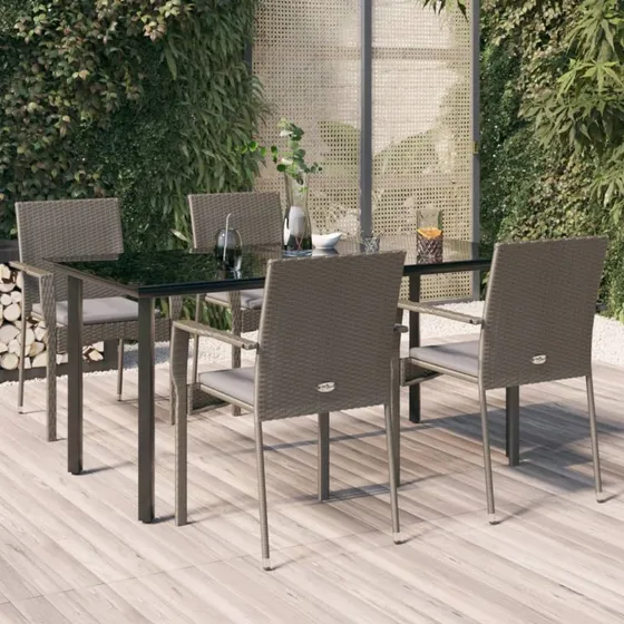 Spisebordssæt i polyrattan 5 dele med hynder – sort/grå
