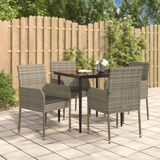 Spisebordssæt 5 dele i polyrattan – sort/grå med hynder