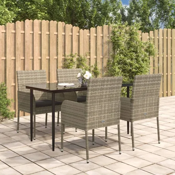 Spisebordssæt i polyrattan 5 dele med hynder – sort/grå