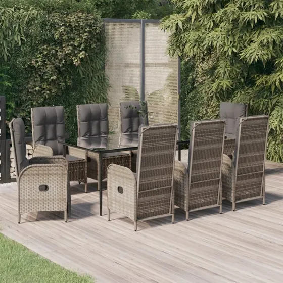 Polyrattan havemøbelsæt 9 dele med hynder – sort/grå