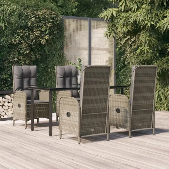 Spisebordssæt 5 dele i polyrattan – sort/grå med hynder