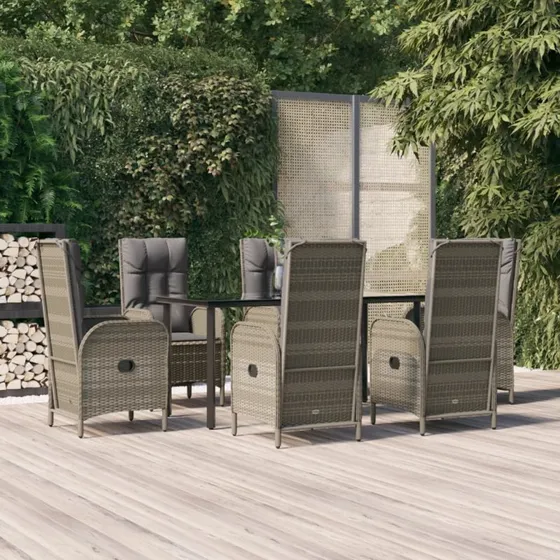 Havemøbelsæt 7 dele i sort/grå polyrattan med hynder