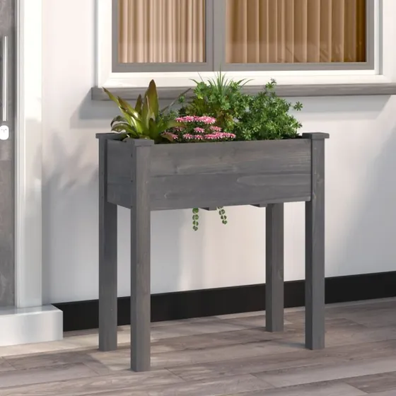 Plantekasse i massivt fyrretræ 71x37x76 cm med foring – grå