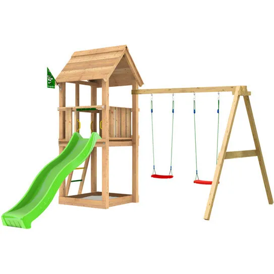 Jungle Gym Club 2.1 legetårn med gyngestativ og grøn rutsjebane